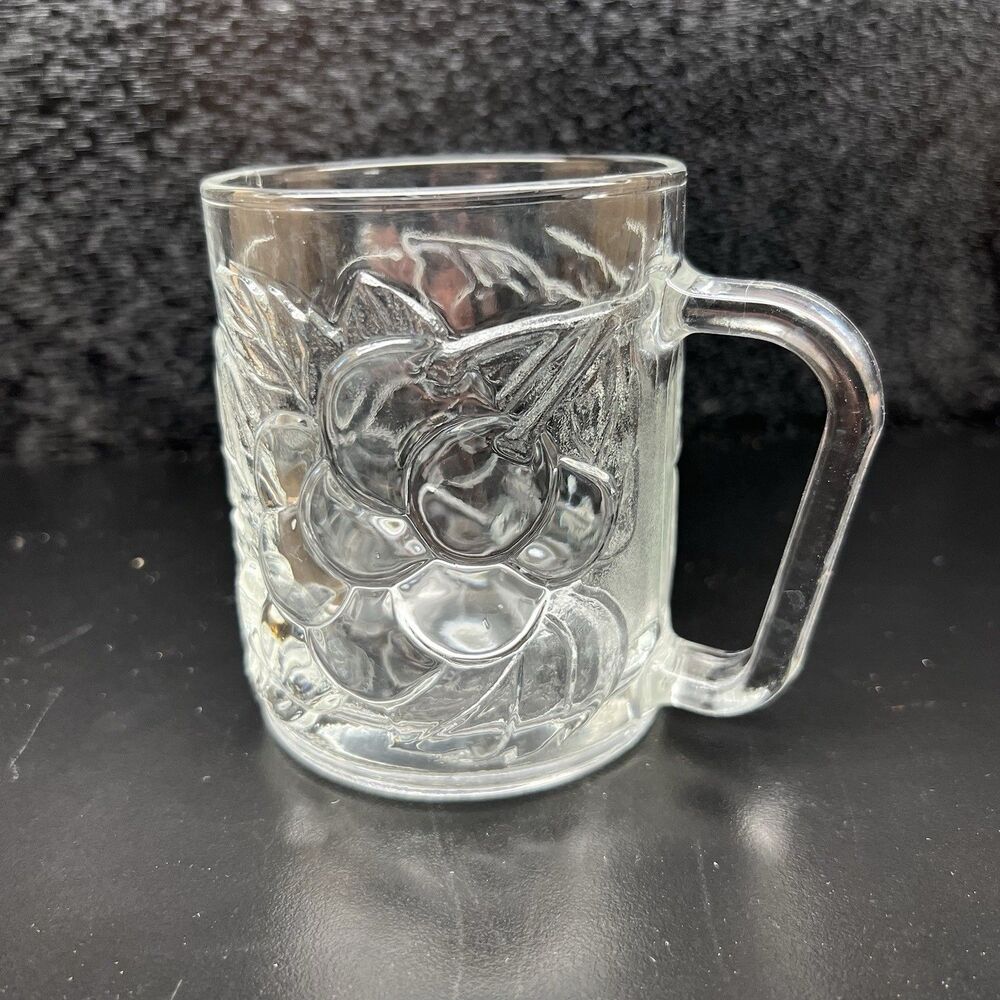 Vintage KIG Indonesia Clear Glass Mug Raised Grape Vine Fruit Design 4”